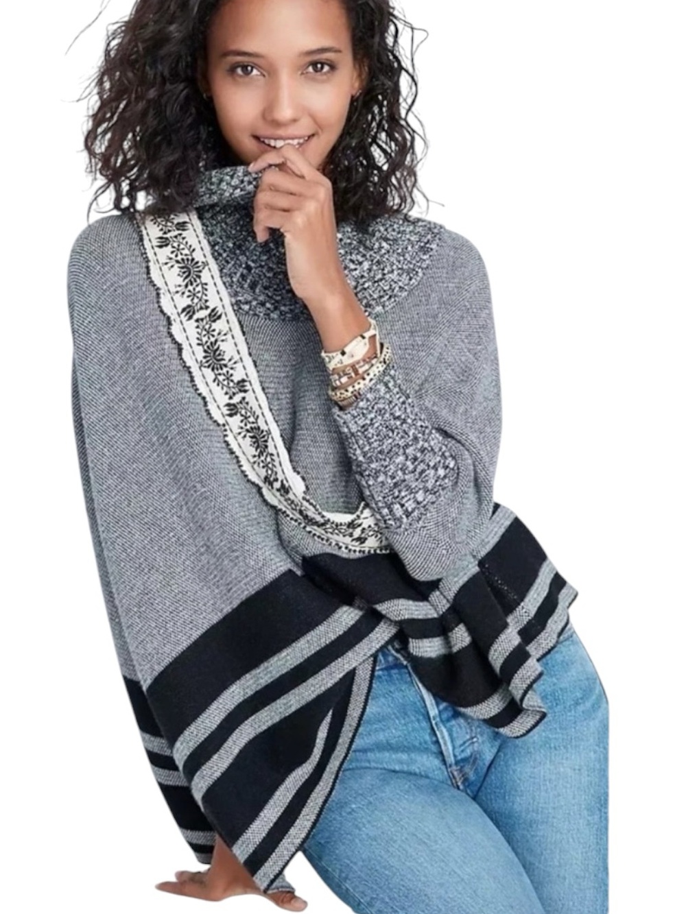 ANTHROPOLOGIE MAEVE Keisha Oversized Cowl Neck Poncho Sweater in Black/Gray XS/S